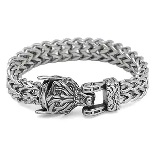 THE MEN THING VIKING WOLF HEAD - 12mm Pure Titanium Steel Bracelet, American trending Style - Norse Bracelet for Men & Boys (8inch)
