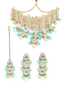 Karatcart Light Blue Beads Gold Plated Kundan Choker Necklace Set for Women