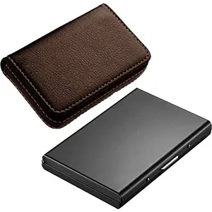 Stealodeal Full Black Metal Limited Edition with Soft Brown Leather Wallet Card Holder