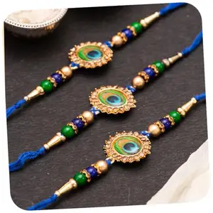 CraftVatika Rakhi for Brother Bhai Kids Boy Peacock Feather Rakhi for Bhiaya Mor Pankh Rakhi Bracelet Set of 3 for Rakshabandhan