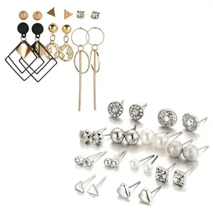 thevinegirl Combo of 18 Pair Silver and Golden Studded Pearl Stud Earrings For Women And Girl