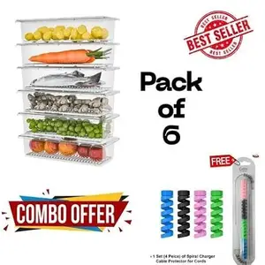 (6Pcs) 1500ml Fridge Storage Boxes Fridge Organizer with Removable Drain Plate and Lid Stackable Fridge Storage Containers Plastic Freezer Storage Containers for Fish, Meat, Vegetables, Frui