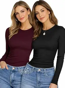 London Hills Women’s Solid Ribbed Long Sleeve Slim Fit T-Shirt | Stretchable Round Neck Top for Casual