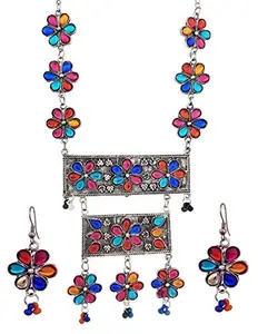 Total Fashion Oxidised Silver Plated Handcrafted Square Shape Multi Mirror Necklace for Women (Multicolour)