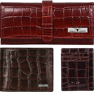 URBAN FOREST Demi Printed Dark Red Ladies Wallet, Brown Men's Wallet & Brown Card Case Combo Gift Pack For Family - Leather