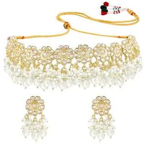 Peora White Traditional Gold Plated Kundan Pearl Choker Necklace Earrings Jewellery Set For Women