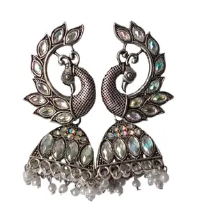 Oxidised Silver Peacock Jhumka Earrings with Crystal Stones and Pearl Drops, Antique Finish
