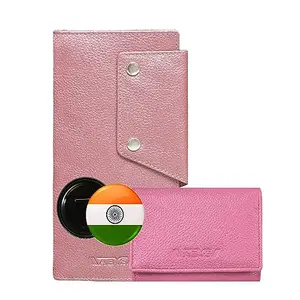 ABYS Genuine Leather Pink Long Wallet with Card Holder & Badge Combo