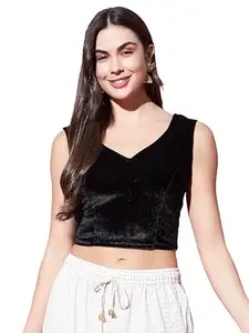 SHREY FASHION HUB Velvet Sleeveless Blouse for Women | Readymade V-Neck Non Padded Crop Top for Saree, Party & Festive Look (Black, 38)