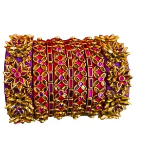 Decorative Gold Floral Bangle Bracelet, Traditional Indian Style, Pink and Purple Enamel with Crystal Accents, Wide Cuff Design-keep away from water (2.2)