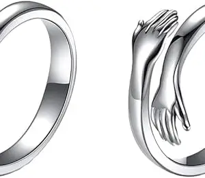 Adjustable Silver Rings Couple Hug for Women Mother Grandmother Wife Girlfriend Female Lover - 2pcs