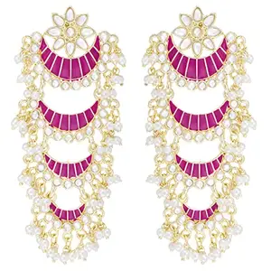Peora Indian Traditional Gold Plated 4 Layer Rani Pink Half Moon Pearl Earrings for Women & Girls
