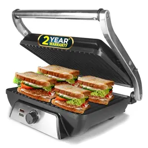 iBELL SM1201G Sandwich Maker Grill and Toast Electric, 2000W, Big Size Fits 4 Bread Slices, Thermostat Knob (Silver, 34 x 34 x 12 cm)