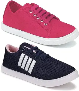 WORLD WEAR FOOTWEAR Soft Comfortable and Breathable Canvas Lace-Ups Sports Running Shoes for Women (Multicolor, 4) (S17782)