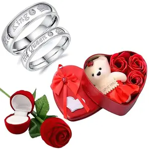 Fashion Frill Valentine Gift For Girlfriend Silver Couple Ring Red Rose Ring For Women Girls Men Boys Valentine's day Gift Heartbox with Teddy Gifts For Wife Boyfriend King Queen Ring