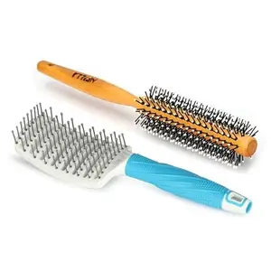 Nfilla Kacchi Neem Wooden Comb - For Multi-Actions - Detangling, Frizz Control & Shine Suited For All Hair Types (Wide Tooth) & Vented Hair Brush and Hair Comb