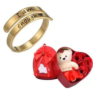 Valentine Gift By Fashion Frill Rings For Women Gold Plated I AM Enough Love Golden Finger Ring For Women Girls With Heartbox Love Gifts