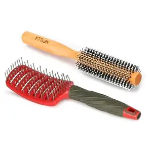 Nfilla Men Round Hair Brush Comb for Men & Women | Premium Hair Roller Comb for Volume, | Anti-Slip Wooden Handle, Natural Bristles & Flexi Massage Pins Hair Brush with Strong 4