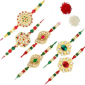 MAAYERI JEWELS KUNDAN RAKHI PACK OF 6 RED GREEN RAKHI WITH BEADS