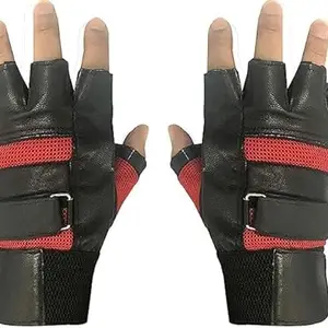 ZaySoo Leather Gym Gloves with Wrist Support Free Size - (Red)