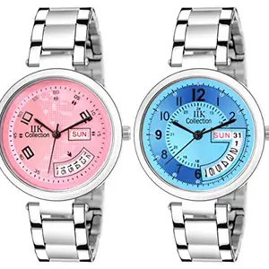 IIK COLLECTION Round Dial Stainless Steel Bracelet Chain Analogue Day & Date Functioning Watch for Women and Girls (Pack of 2)