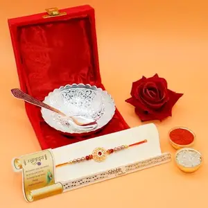 Piepot Ac Anand Crafts Premium Rakhi for Brother with Gift Silver Plated Bowl and Spoon Set with Red Velvet Box| Metal Bhaiya Rakhi with Roli Chawal for Bro, Brother, Bhai