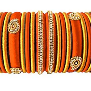 HARSHAS INDIA CRAFT Hand Craft Silk Thread Bangles Plastic Bangle With Gold Set For Women & Girls (Orange) (Pack of 18) (Size-2/0)
