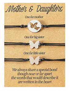 Lezmoii Mother Daughter Bracelets Set for 3 Matching Heart Butterfly Bracelets Jewelry for Mom Daughters Big Sister Little Sister, Stainless Steel, no gemstone