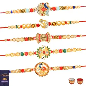 De Marquis 5 Designer Rakhi Gift Set for Brother, Mauli Thread Rakhi, Chawal Roli Pack, Greeting Card Set (5 Multicolor RAKHI set in different design with Roli and chawal)