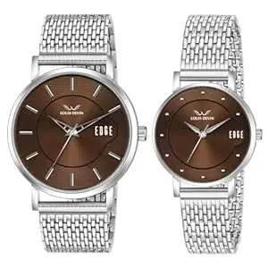 LOUIS DEVIN Stainless Steel Chain Analog Wrist Watch for Men and Women (Green/Brown/Blue/Black Dial) | Set of 2 Wrist Watches | Couple Watches | LDCM-WT092-CH