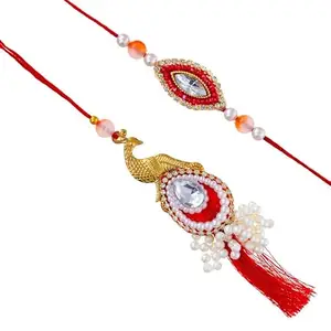 Ingo creation Bhaiya Bhabhi Rakhi Lumba Set with Red Beads Crystal Work and Golden Peacock Design | Handmade Raksha Bandhan Combo for Brother and Sister-in-Law