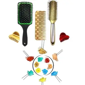 BigBro Hair Brush Cushioned Paddle Hair Brush(1pc) Curved Hair Brush (1pc) Wooden finish Wide Teeth Plastic Comb(1pc) Hair Clutcher(2 pc) Juda pin (12) for Hair Styling for Women (Super Saver Combo)