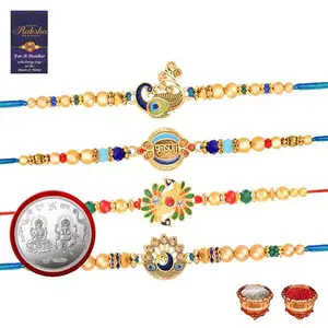 De Marquis Rakhi Combo Set of 7, 4 Rakhi Set, 1 Laxmi-Ganesh Coin, 1 Roli Chawal Pack, 1 Greeting Card for Bro/Brother/Bhaiya/Bhai/Bhabhi/Sister/Kids Happy Rakshabandhan