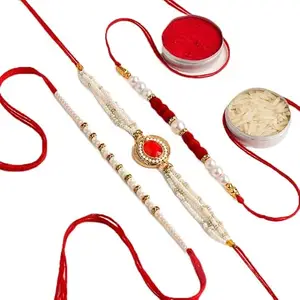 Floweraura Decorative Traditional Set Of 3 Red Stone & White Pearl Designer Fancy Rakhi With Roli Brother's Gift For Raksha Bandhan