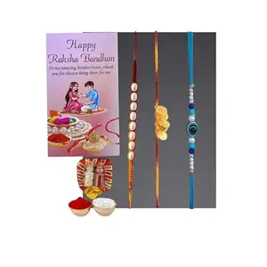 NUTRI MIRACLE Rakhi Set of 3 for Brother with Tilak Set and Greeting Card | Traditional Rakhi Combo