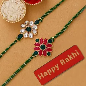 eCraftIndia Set of 2 Green, White & Pink Beautiful Kundan Rakhis, Best Bro Ever Fridge Magnet with Roli Chawal Pack - Rakhi for Brother, Bhaiya, Bhai