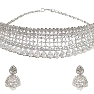 VOYLLA Cz Elegance Silver Plated Shiny Necklace Set For Women|Womens Jewellery Set|Gift For Women|Womens Gift|Gift For Her|