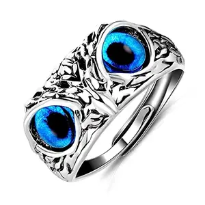 Silver Color Stainless Steel Stylish Trending Funky Adjustable/Openable Decorative Creative Crystal Glasses Blue Demon Eyes Owl/Ullu Bird Face Design Thumb Finger Ring For Good Luck And Wisdom