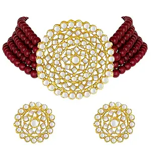 Peora Gold Plated Pearl Kundan Choker Necklace with Round Earrings Traditional Jewellery Set (Maroon-White) For Womens
