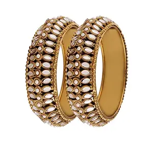I Jewels 18k Gold Plated Light Weight Traditional Stylish Pearl Kundan Studded Kada Bangles for Women (Pack of 2) (ADB428FL-b)