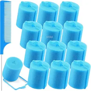 SIYAA 12 Pieces Foam Sponge Hair Rollers 1.89 inch/ 4.8 cm Soft Sleeping Hair Curler Flexible Hair Styling Sponge Curler and Stainless Steel Rat Tail Comb Pintail Comb for Hair Styling (Blue)