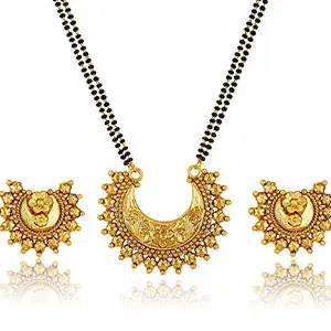 JFL - Jewellery for Less One Gram Gold Plated Floral Design Mangalsutra With Earring & Double Black Beaded Chain for Women,Valentine