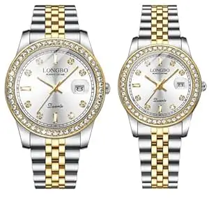 LONGBO Harmony Couple Watch Set Pack of 2 Analog Watches - Elegant Dual Tone Band Rhinestone Studded Case, Stainless Steel Band | Marriage Gift Set for Men and Women
