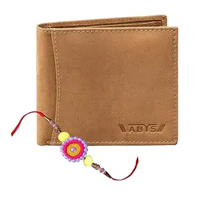 ABYS Men's Genuine Leather Tan Wallet with Rakhi Gift Set Combo