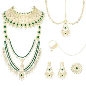 Peora Traditional Gold Plated Green Long Necklace Choker Maangtikka Nathiya Earrings Ring Bridal Set for Women