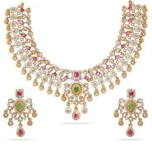 Rubans Regal Gold Tone Temple Necklace Set with Multicolored Stones For Women