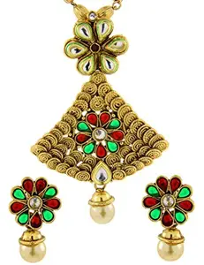 ZIVOM® Red Green Kundan Pearl Antique 22K Gold Plated Pendant Earring Set For Women