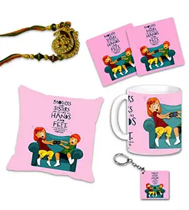 Raksha Bandhan Gift Combo for Brother – Rakhi with Mug, Cushion Cover, Coasters & Keychain Cartoon Quote Print – Brothers & Sisters Are as Close as Hands and Feet