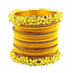 T4 Jewels Designer Pearl Studded Base Metal Bangles Set For Women & Girls - (Set Of 1)_Yellow_2.6