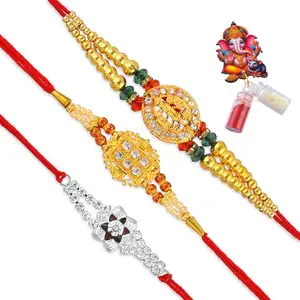 Memoir Traditional Rakhi Set of 3, 24Kt Micron Gold Plated and Pure Silver Rakhi with Roli Chawal Gift Pack for Bhai Bhabhi Rakshabandhan (RKSC0051)